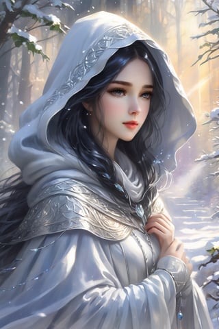 graceful fragile tender young girl 15 years old under the snow in white cloak with hood and whitesnow long skirt, black hair, big dreaming detailed eyes, white skin, in motion, glare from the sun hit the camera, watercolor, soft light, sunny morning, realistic manhwa style, threads with crystal and glass beads and silver threads are woven into two braids, silver diadema and bracelets, 5 fingers per hand, ultra-detailed, sparkles white now, optic glare, sunbeam, reflection in the air, sun glare, glare from sunbeams, drifting snow, bokeh, soft light, shining lights, 3D, Octane Render, high detailed, intricate details, perfect composition, beautiful detailed intricate insanely detailed octane render trending on artstation, the song of freedom, freedom, watercolor art, mystery snow space nature, white mountains in the distance, many details, sharp focus, dark fantasy, fantasy, magic, manhwa style, gray fog, many glowing mysterious lights, a milky veil from behind, tension, filigree, dynamic lighting, lights, digital painting, intricated pose, highly detailed, cute, filigree, intricated, best quality by konstantin razumov, Jean Baptiste Monge, golden ratio, art, book illustration, Broken Glass effect, no background, stunning, something that even doesn't exist, mythical being, energy, molecular, textures, iridescent and luminescent scales, breathtaking beauty, pure perfection, divine presence, unforgettable, impressive, breathtaking beauty, Volumetric light, auras, rays, vivid colors reflects