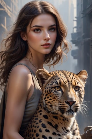 Stunning girl with brown hair and an american leopard, her arms are around the neck of the leopard, beautiful face, sharp eyes, highly detailed, sharp image, Intricate pose, clarity, Soft lighting, High image quality, Oil paint, ancient painting, ancient art, art by Lee Bogle, cinematic, 4k, epic Steven Spielberg movie still, sharp focus, emitting diodes, smoke, artillery, sparks, racks, system unit, motherboard, by pascal blanche rutkowski repin artstation hyperrealism painting concept art of detailed character design matte painting, 4k resolution blade runner, Mysterious