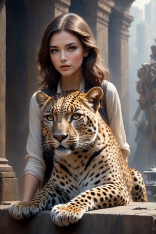 Stunning girl with brown hair and an american leopard, her arms are around the neck of the leopard, beautiful face, sharp eyes, highly detailed, sharp image, Intricate pose, clarity, Soft lighting, High image quality, Oil paint, ancient painting, ancient art, art by Lee Bogle, cinematic, 4k, epic Steven Spielberg movie still, sharp focus, emitting diodes, smoke, artillery, sparks, racks, system unit, motherboard, by pascal blanche rutkowski repin artstation hyperrealism painting concept art of detailed character design matte painting, 4k resolution blade runner, Mysterious