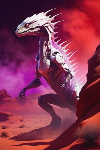 scifi style, mechatronic white lizard/alien humanoid, desert, red/purple alien-planet, smoke/fog/flame, horror/dark theme, vibrant deep colors