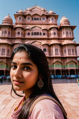 masterpiece, young indian girl looking at the famous Hawa Mahal, famously known as Pink city in Jaipur, windy day, beatiful blue sky, beautiful palace, huge palace, EXTREMELY detaield, INSANELY Detailed, SUPER Detailed, HYPER Detailed,