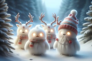 five cute chibi ghost snowmen with deer horns , standing,fighting pose,Led lights body , sexy, mountain, moon, stars, valley, gnarly pine trees,xxmixgirl,ral-chrcrts,ghost person