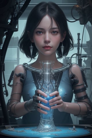 hyperrealistic photography of a gorgeous female scientist constructing a glass - making machine in the style of jin kagetsu, james jean, chris cunningham, hans bellmer and wlop, highly detailed, face symmetry, masterpiece, award - winning, sharp focus, intricate concept art, ambient lighting, 8 k, artstation