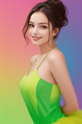 Generate an AI-generated image of a mature and alluring young woman set against a vibrant chromatic background. The woman should exude confidence and charm, with a captivating smile and expressive eyes. The chromatic background should be a mesmerizing blend of colors, creating a visually striking contrast with the woman's striking presence. The overall composition should evoke a sense of elegance and allure, capturing the essence of youthful beauty amidst a colorful backdrop