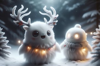 five cute chibi ghost snowmen with deer horns , standing,fighting pose,Led lights body , sexy, mountain, moon, stars, valley, gnarly pine trees,xxmixgirl,ral-chrcrts,ghost person