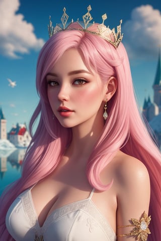 Cotton Candy Queen Women Goddess 8k Resolution Rendered Hyper Realistic Intricate Detail lives in an frosty heart shaped ice bubble, a fanciful place filled with castles, cotton candy, swans lakes and fluffy clouds, An intricate visual representation of computer programing, rendered in 24k resolution with intricate details and symbols.