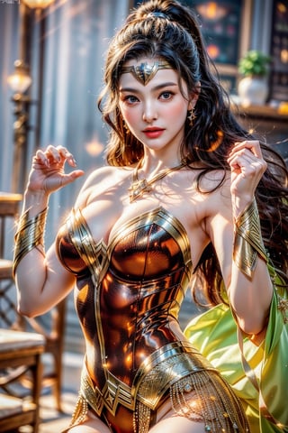 wonder woman kicking,opening legs, Japanese model girl, (1girl, solo), (wonder woman costume:1.2), 23yo, high ponytail, [long] black straight hair, huge natural breasts, narrow waists, (aqua earrings, diamond necklaces), (charming smile), [white teeth], hair blown by the breeze, 

(upper body portrait), looking at viewer, (pose, kicking), cinematic shot, natural and soft lighting, 

(normal body structure), (correct proportions), (normal limbs and fingers), better_hands, 
(masterpiece, best quality:1.4), (beautiful, aesthetic, perfect, delicate, intricate:1.2), (realistic:1.3)