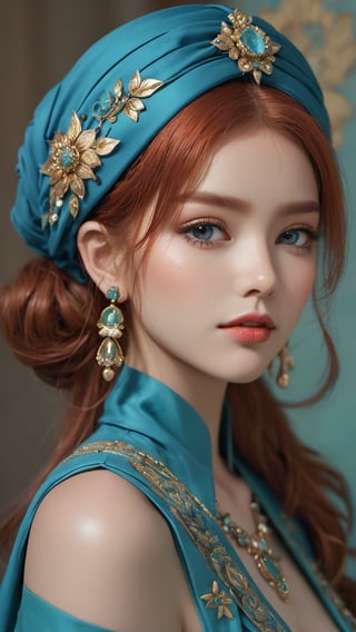 📸 Imagine an old oil painting of a redhead wearing a blue turban. The style should be a fusion of Peter Lippmann's still life compositions, Barry Windsor Smith's intricate linework, Sandro Botticelli's ethereal beauty, and Burne-Jones' romanticism. The redhead's captivating gaze draws the viewer in, her beauty so striking that it's almost unbelievable. The medium should be digital photography, capturing the photorealistic detail and texture of the oil painting. The composition should be a close-up shot, taken with a high-resolution 16k camera, using a 50mm lens for a sharp focus on the redhead and the blue turban., Miki Asai Macro photography, close-up, hyper detailed, trending on artstation, sharp focus, studio photo, intricate details, highly detailed, by greg rutkowski,cyborg style,OHWX WOMAN,Movie Still