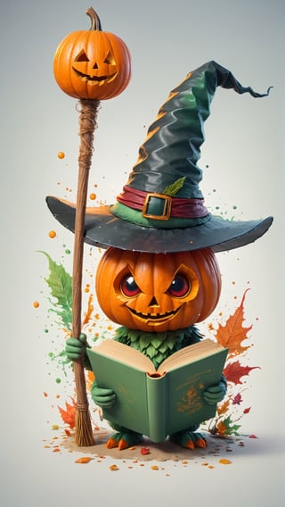 A detailed illustration of a print of a colorful cute rubbit rides a broom has orange eyes and it wear witch hat and hold a book and peen next to a cute Halloween Pumpkin, hyper realistic high quality, t-shit desing graphic, vector, carton, contour, fantasy swirls splash, modern t-shirt design, in the style of Studio Ghibli, light white  red and green pastel tetradic colors, 3D vector art, cute and quirky, fantasy art, watercolor effect, bokeh, Adobe Illustrator, hand-drawn, digital painting, low-poly, soft lighting, bird's-eye view, isometric style, retro aesthetic, focusedon the character, 4K resolution, photorealistic rendering, usingCinema 4D, isolated in a white background