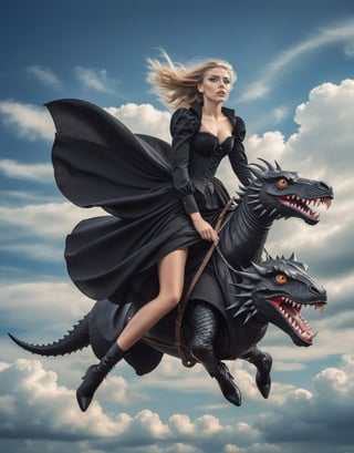 Full body portrait, Beautiful finnish girl wearing black gothic dress riding on a fierce realistic  looking highly detailed dragoni in the sky, windy, big detailed eyes, highly detailed, fantasy setting, dynamic angle,rocketride