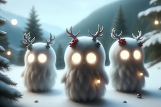 five cute chibi ghost snowmen ,with deer horns , Led lights body , sexy, mountain, moon, stars, valley, gnarly pine trees,xxmixgirl,ral-chrcrts,ghost person