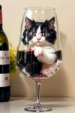 Cute tiny little kitty, poking out of a wine glass , cats are water,cat, furry, cute, detailed background, one cat only