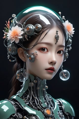 anatomically correct a bio mechanical cyborg eyes made of glass and metal, base model, dark background, shine, subsurface scattering, transparent, glow, bloom, flowers, jellyfish, coral, Bioluminescent dark green and black liquid, volumetric light, tube, 3d style,cyborg style,Movie Still,Leonardo Style,yua_mikami