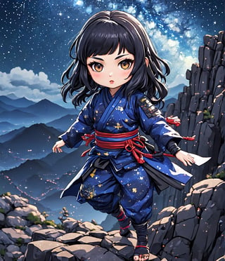 Masterpiece, 4K, ultra detailed, chibi anime style, strong female ninja with flawless makeup and glossy lips, long flowy hair wearing ninja outfit, on top of a rocky cliff, starry night, depth of field, SFW, Ukiyoe Art Style,