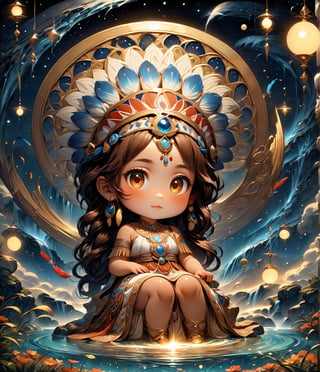 Chibi anime style, A stunning 4K image of a regal brown-skinned American Indian chief woman, adorned with a vibrant, intricately designed headpiece featuring colorful feathers, sitting in the warm glow of starry night and epic waterfall. Her flawless face shines with glamourous makeup, and dangling earrings catch the fading light. The subject's XL detail is rendered with precision, A shallow depth of field blurs the background, drawing focus to her majestic presence, (art nouveau), SFW, ,Deformed