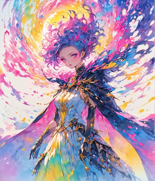 Masterpiece, 4K, ultra detailed, elegant fashionable woman, perfect makeup, flowy cape, magical portal, SFW, depth of field, vibrant Punk Art Style,watercolor \(medium\)