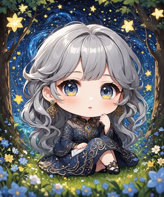 Masterpiece, 4K, ultra detailed, ((solo)), ((chibi)), anime impressionism art style, elegant mature woman with beautiful detailed eyes and glamorous makeup, long flowy gray hair, finely detailed earrings, sitting in a flowering forest,  swirling starry night, more detail XL, SFW, depth of field,