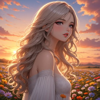 Masterpiece, 4K, ultra detailed, anime style, beautiful girl with glamorous makeup and glossy lips, long flowy hair, epic sunset, wild flowers, depth of field, SFW,more detail XL,