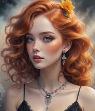 Masterpiece, 4K, ultra detailed, beautiful freckles lady with natural makeup, beautiful Smokey eyes and glossy lips, dangling earring and crystal necklace, ginger and black ombre hair, romantic flower petals, colorful bellowing smoke, depth of field, SFW,watercolor \(medium\)