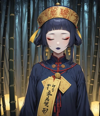 Masterpiece, 4K, ultra detailed, anime style, female Jiangshi with flawless makeup, yellow paper talisman on forehead and dark blue lips, eyes closed, dark sheer robe with very long sleeves, in a dark bamboo forest at night, depth of field, SFW, more detail XL, Ukiyoe Art Style,