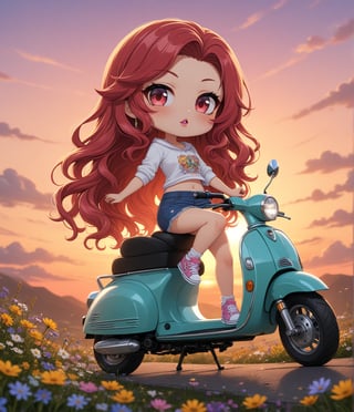 Masterpiece, 4K, ultra detailed, chibi anime style, beautiful female scooter rider with glamorous makeup and glossy lips, long flowy hair, short denim skirt and sneakers, epic sunset, wild flowers, depth of field, SFW,