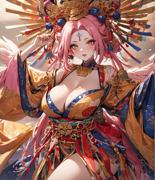 Masterpiece, 4K, ultra detailed, 1 golden pink hair angel girl with angelic makeup enhance by her seductive pink lips, detailed feather wings, busty with ample cleavage, SFW, depth of field, ,oiran,dunhuang