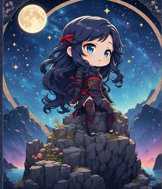 Masterpiece, 4K, ultra detailed, chibi anime style, beautiful female ninja with flawless makeup and glossy lips, long flowy hair wearing ninja outfit, on top of a crystalized rocky cliff, looking at the colorful starry night, depth of field, SFW, Art Nouveau,