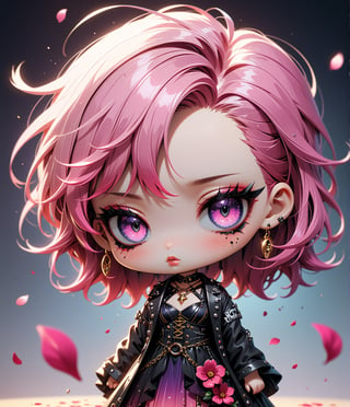 Masterpiece, 4K, ultra detailed, chibi anime style, beautiful female singer with dark makeup, beautiful detailed eyes and glossy lips, golden earring, long purple and pink ombre hair, flowy sheer robe, romantic flower petals, windy, depth of field, SFW, more detail XL, punk art style,