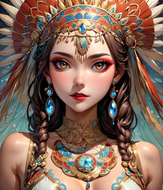 Masterpiece, 4K, ultra detailed, anime style, 1 female American Indians chief looking at viewers, beautiful flawless face with glamourous makeup, dangling crystal earrings, more detail XL, SFW, depth of field, art nouveau style,