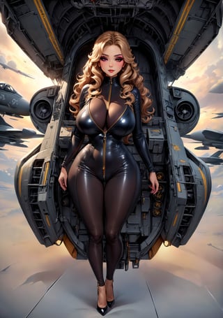 Masterpiece, 4K, ultra detailed, ((solo)), chibi anime style, busty female spy with glamorous makeup and wavy hair, skin tight catsuits with front zipper down and stilettos high heels, in a top secret aircraft carrier, more detail XL, SFW, depth of field, full body shot,