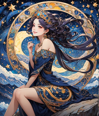 Masterpiece, 4K, ultra detailed, anime style, mature and elegant woman sitting on mountain top boulder, beautiful flawless face with great makeup smiling, dangling earrings, colorful headpiece, epic starry night, windy, more detail XL, SFW, depth of field, Ink art, art nouveau 