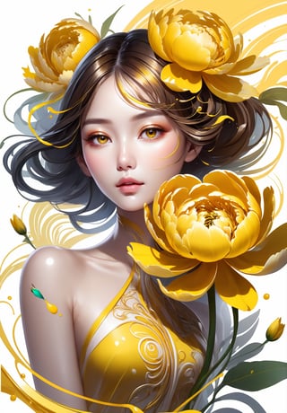 thin and thick color lines stroke, splash art, 1 liquid luminous lady made of colors, liquid yellow peony flowers, filigree, filigree detailed, swirling white smoke, intricated pose, big beautiul eyes, medium shot,