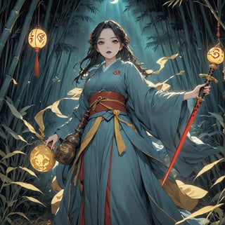 Masterpiece, 4K, ultra detailed, anime style, female ghost buster with flawless makeup and dark blue lips, yellow paper talisman with red wooden sword on 1 hand, dark satin robe, Gourd Water Bottle tied to waist, in a dark bamboo forest at night, floating ghost spirit in the back, depth of field, SFW,huayu, Ukiyoe Art Style,glowing sword