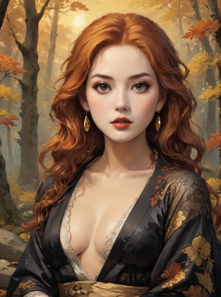 Masterpiece, 4K, ultra detailed, beautiful female singer with flawless dark makeup, beautiful detailed eyes and glossy lips, golden earring, wavy long ginger hair, sheer lace robe, large boulder in quiet autumn forest during sunset, depth of field, SFW, more detail XL, Ukiyoe Art Style, painting,