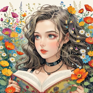 Masterpiece, 4K, ultra detailed, beautiful punk woman, choker necklace, long flowy hair, wild flowers, depth of field, SFW, retro illustrations, Vintage American illustration's,Children's storybook illustrations 