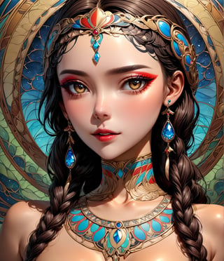 Masterpiece, 4K, ultra detailed, anime style, 1 female American Indians chief looking at viewers, beautiful flawless face with glamourous makeup, dangling crystal earrings, more detail XL, SFW, depth of field, art nouveau style,Ink art