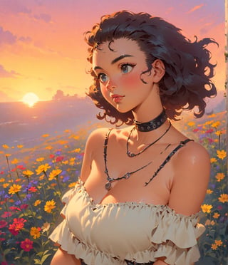 Masterpiece, 4K, ultra detailed, sexy punk woman, choker necklace, long flowy hair, wild flowers, depth of field, SFW, Ukiyoe Art Style, Vintage American illustration's,KidsRedmAF, sunset,