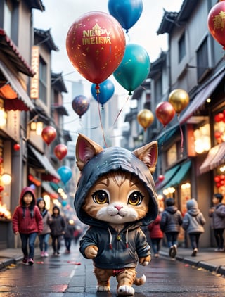 ((chibi style)), chibi cat in hoodie walking on busy street, new year setting, balloon and firecrackers, dynamic angle, depth of field, detail XL, closeup shot, finetune