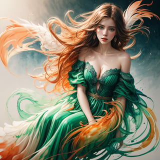 Colorful beautiful woman, green ink flow, 8k resolution photorealistic masterpiece, intricately detailed fluid gouache painting, calligraphy acrylic, watercolor art, professional photography, natural lighting, volumetric lighting maximalist photoillustration, by marton bobzert, 8k resolution concept art intricately detailed, complex, elegant, expansive, fantastical,1 girl, quad_tone with orange hue, messy shoulder length hair, feathery dress, sitting, windy,Detailedface,watercolor \(medium\)