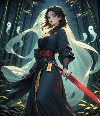 Masterpiece, 4K, ultra detailed, anime style, female ghost buster with flawless makeup and dark blue lips, yellow paper talisman with red wooden sword on 1 hand, dark satin robe, in a dark bamboo forest at night, floating ghost spirit in the back, depth of field, SFW,huayu,glowing sword