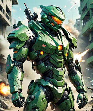 anime style, futuristic green armor power suit with bazooka in a warzone, driving in high speed, dynamic angle, more detail XL,