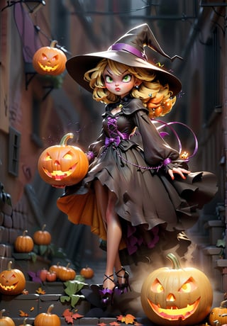 full body closeup, Photorealistic art style, a beautiful blonde woman in witch costume and high heels, throwing a pumpkin at the viewers, motion, artistic, artist, simple volumtric light backgroung walking down a stair in a dark alley, black cat crossing in the foreground, ColorART, windy and misty,