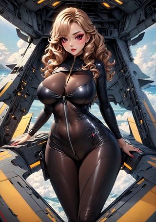 Masterpiece, 4K, ultra detailed, ((solo)), chibi anime style, busty female spy with glamorous makeup and wavy hair, skin tight catsuits with front zipper down and stilettos high heels, in a top secret aircraft carrier, more detail XL, SFW, depth of field, full body shot,