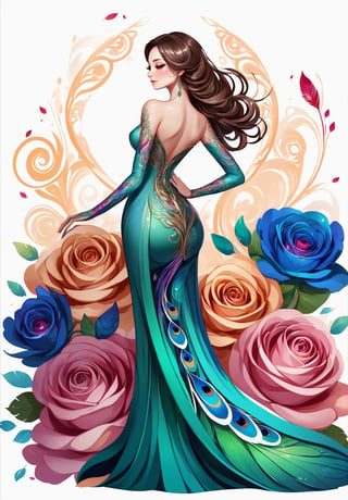 thin and thick color lines stroke, splash art, 1 liquid luminous lady made of colors, liquid rose flowers, filigree, filigree detailed, swirling peacock feather, intricated pose, big beautiul eyes, slim waist and wide hips, 