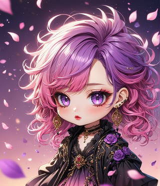 Masterpiece, 4K, ultra detailed, chibi anime style, beautiful female singer with dark makeup, beautiful detailed eyes and glossy lips, golden earring, long purple and pink ombre hair, flowy sheer robe, romantic flower petals, windy, depth of field, SFW, more detail XL, punk art style,