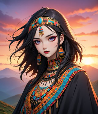 Masterpiece, 4K, ultra detailed, anime style, solo, 1 ancient Inca woman wearing a flowy cape on a mountain top, beautiful flawless face with goth makeup, dangling earrings, colorful headpiece, epic sunset, windy, more detail XL, SFW, depth of field,masterpiece