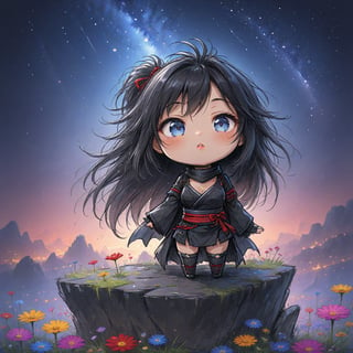 Masterpiece, 4K, ultra detailed, chibi anime style, beautiful female ninja with flawless makeup and glossy lips, long flowy hair wearing ninja outfit, on top of a crystalized rocky cliff, looking at the colorful starry night, wild flowers, depth of field, SFW, 