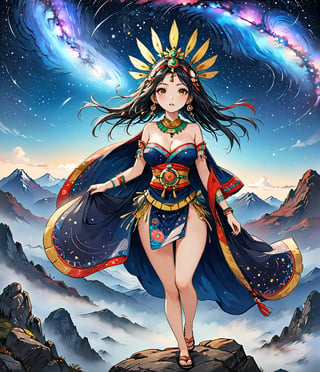 Masterpiece, 4K, ultra detailed, anime style, busty ancient Inca woman standing on mountain boulder, beautiful flawless face with great makeup, dangling earrings, colorful headpiece, epic starry night, windy, more detail XL, SFW, depth of field, (ukiyoe art style), ,raw photo