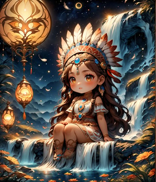 Chibi anime style, A stunning 4K image of a regal brown-skinned American Indian chief woman, adorned with a vibrant, intricately designed headpiece featuring colorful feathers, sitting in the warm glow of starry night and epic waterfall. Her flawless face shines with glamourous makeup, and dangling earrings catch the fading light. The subject's XL detail is rendered with precision, A shallow depth of field blurs the background, drawing focus to her majestic presence, (art nouveau), SFW, ,Deformed