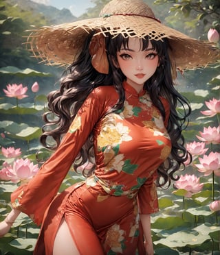 Masterpiece, 4K, ultra detailed, anime Style, 1 beautiful woman with long wavy hair and glossy lips wearing traditional Vietnamese outfit with straw hat, lotus flower s, SFW, depth of field,ao_dai_tet_xl, ukiyoe art style,